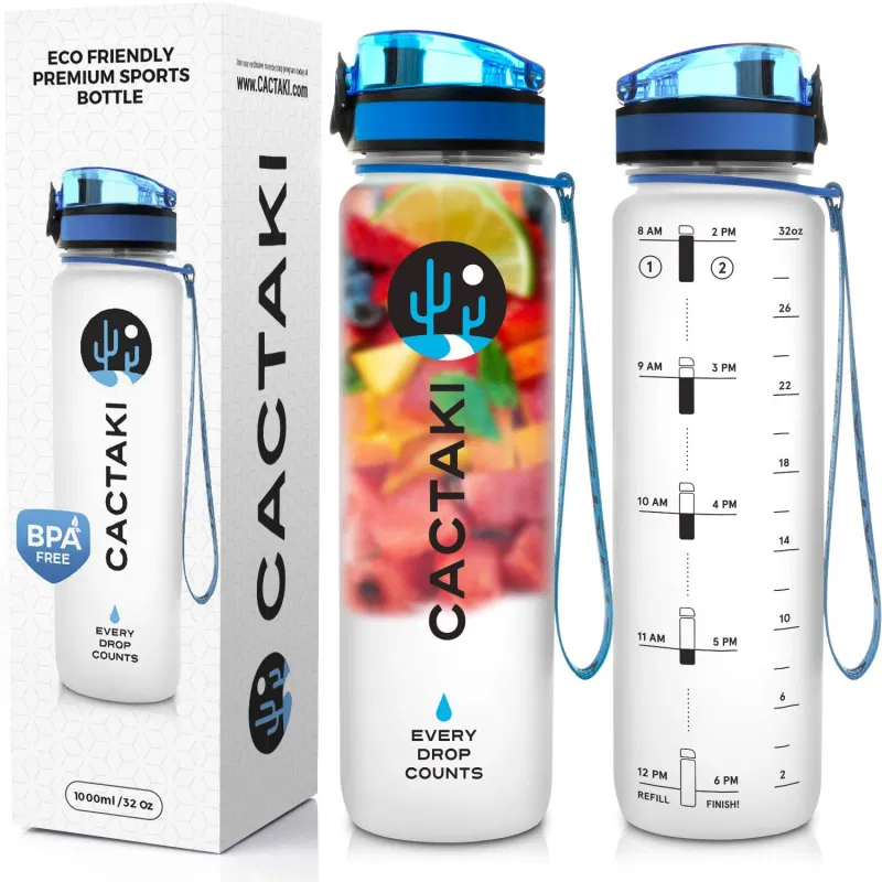 Water Bottle with Time Marker -Large 32Oz BPA Free Water Bottle & No Sweat  Sleev